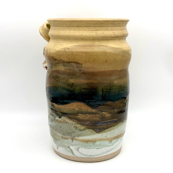 Large Pottery Crock Vase Hand Made Beads On Leather Dangle Applied Floral Relief - Picture 5 of 15